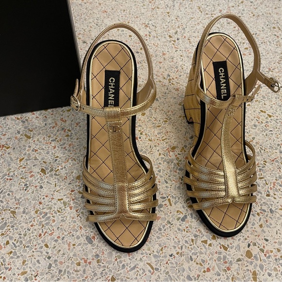 Chanel 2022 Metallic Gold Black Quilted Wedges - Picture 4 of 8